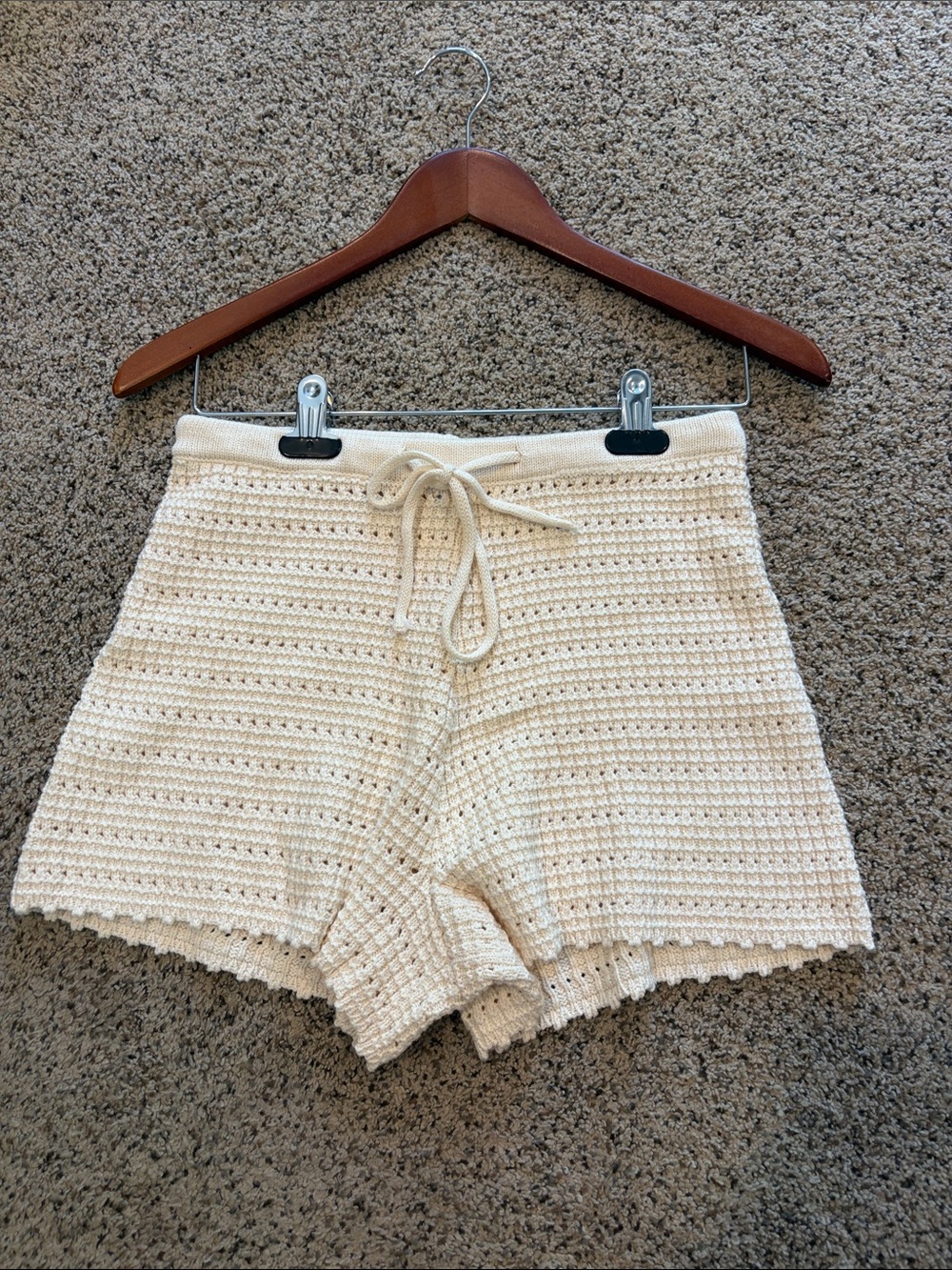 La Hearts Cream Crochet High-Waist Drawstring Shorts